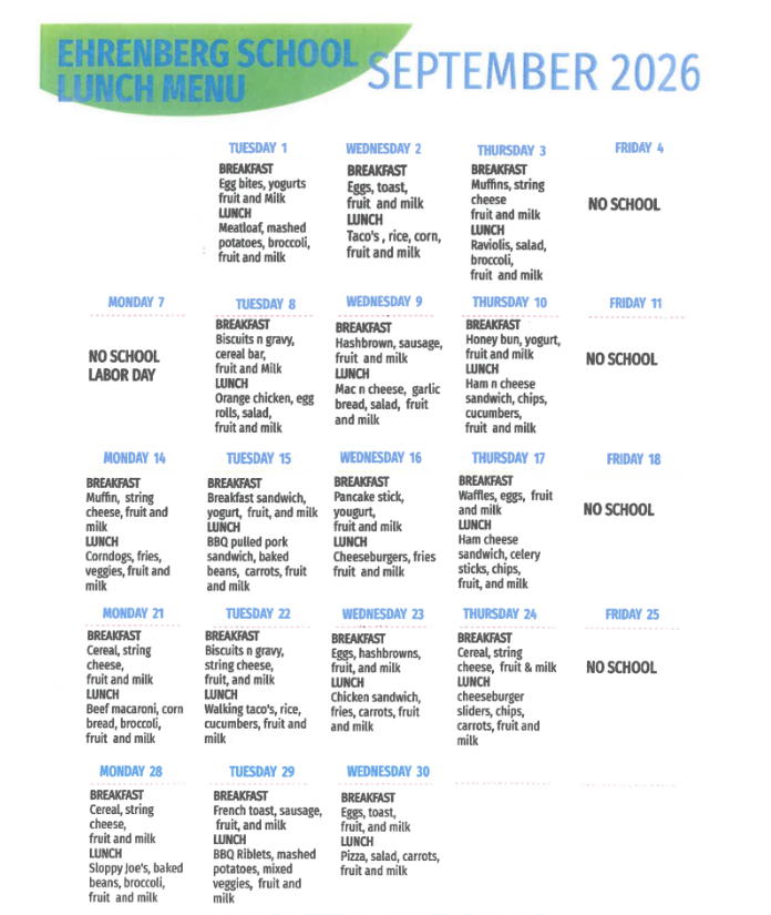 September 2026 Lunch Menu