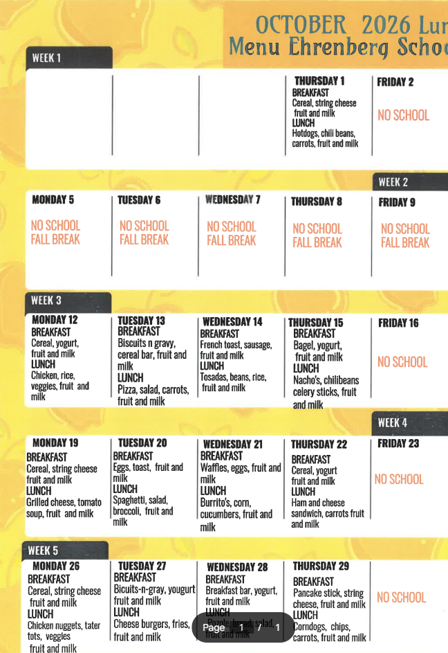 October 2026 Lunch Menu