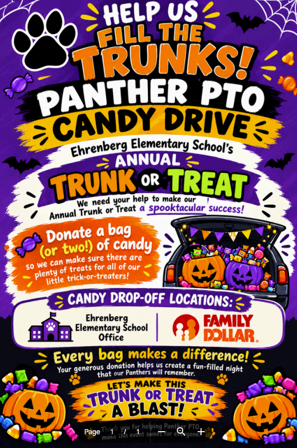 Panther PTO Candy Drive for Ehrenberg Elementary Annual Trunk or Treat!