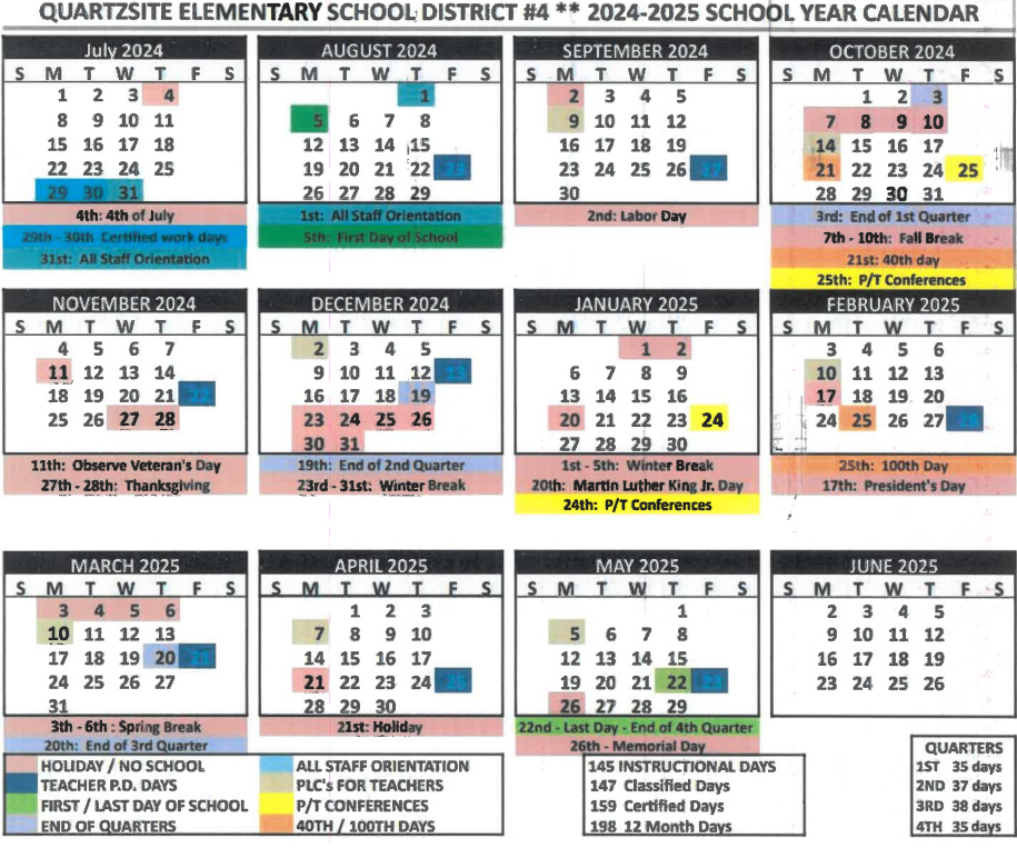 School Year Calendar 2024-2025 | Quartzsite Elementary