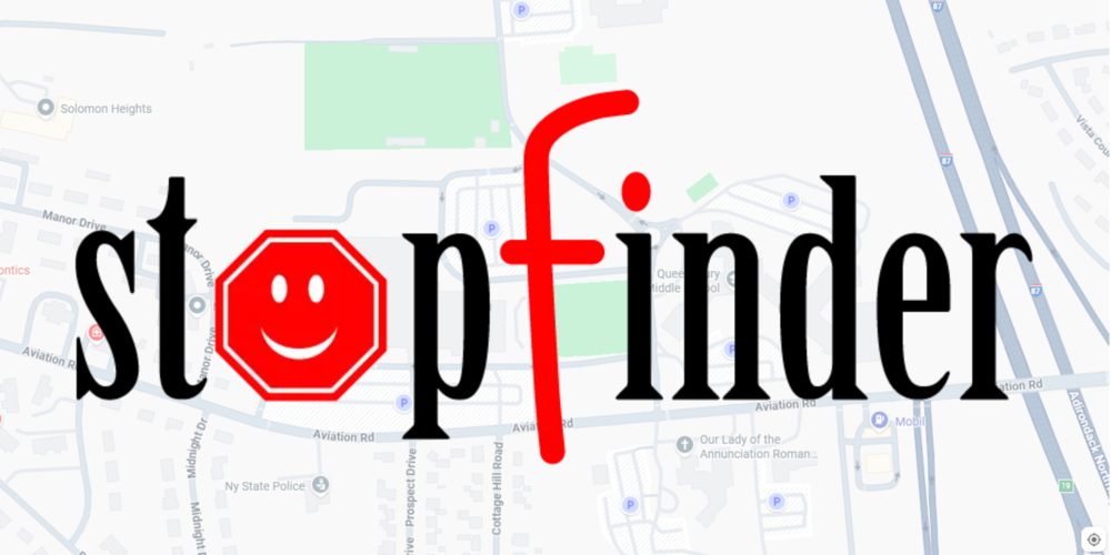 Photo illustration of Queensbury map and Stopfinder logo.