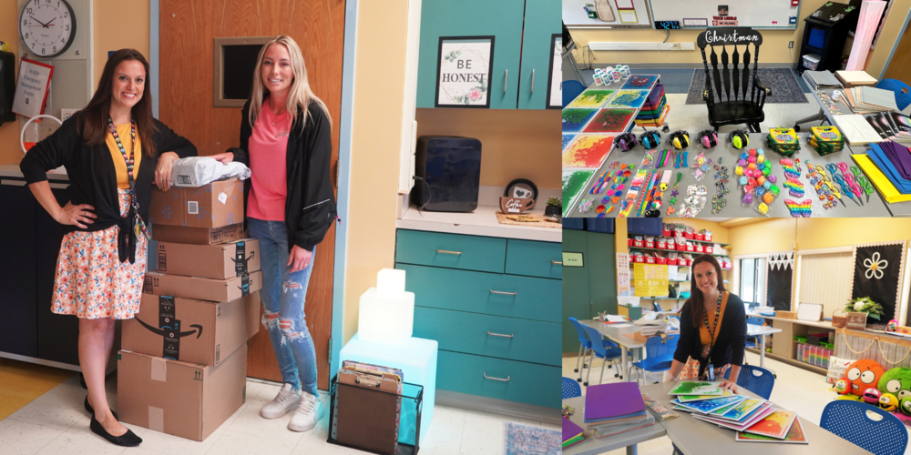 Photo collage of teacher receiving donation in her classroom.