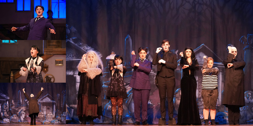 Photo collage of scenes from "The Addams Family: School Edition" performed by Queensbury High School. 