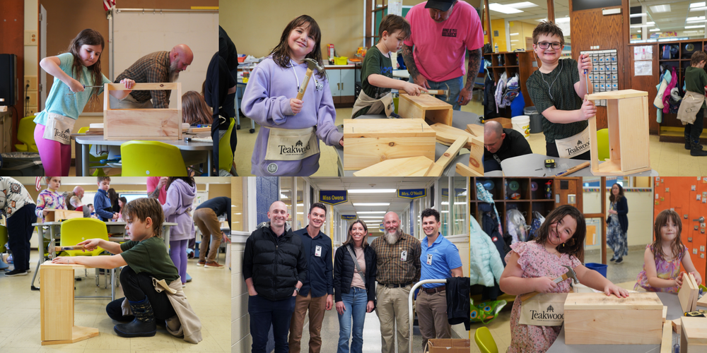Photo collage of students building tool boxes.