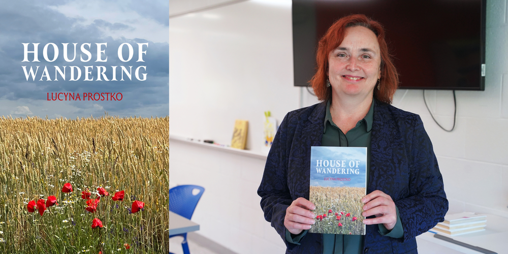 Book cover and photo of Lucyna Prostko holding book.