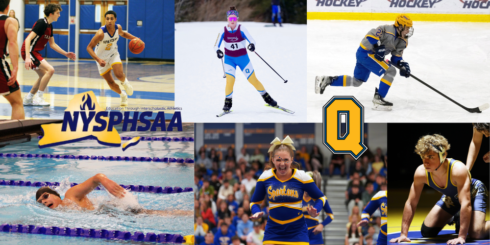 Collage of QHS winter sports photos.