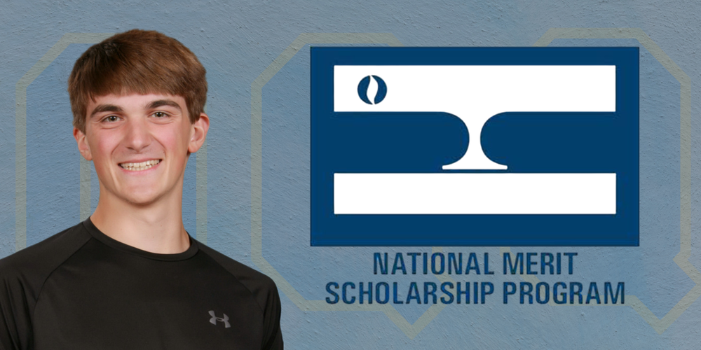 Photo illustration of Christopher DiPlacido and the National Merit Scholarship logo.