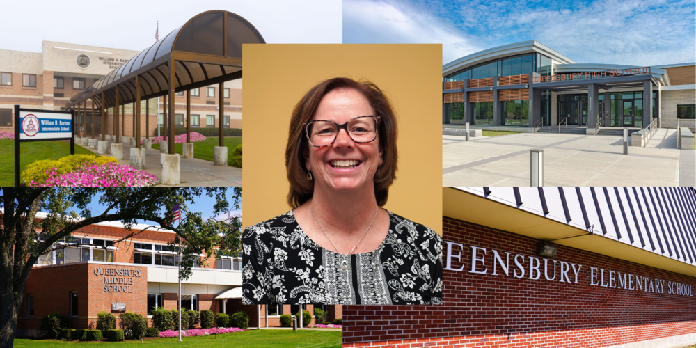 Photo collage of four school buildings with Pam Bordas photo on top.