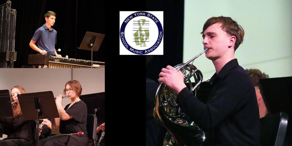 Three student-musicians with the NYSSMA logo.