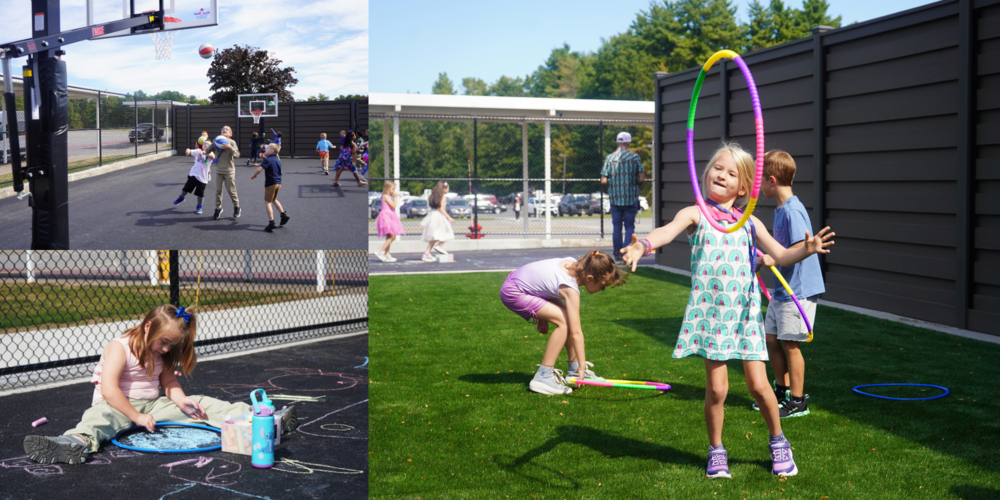 Photo collage of kids playing outside of school.