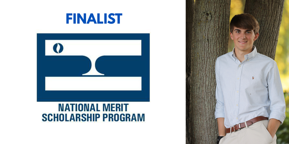 Graphic containing a senior photo of Christopher DiPlacido as well as logo for National Merit Scholarship Program.