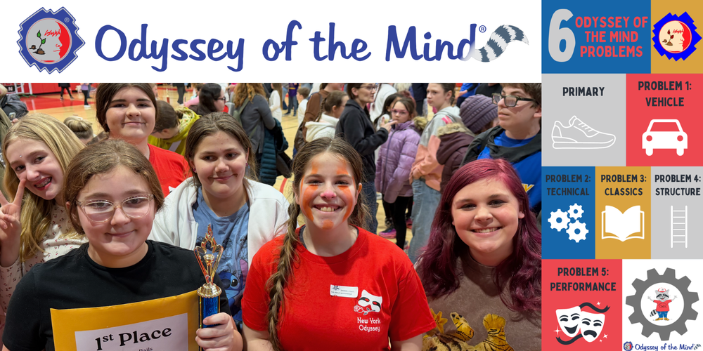 Odyssey of the Mind students celebrate win at regional competition. Also OM logo and information.