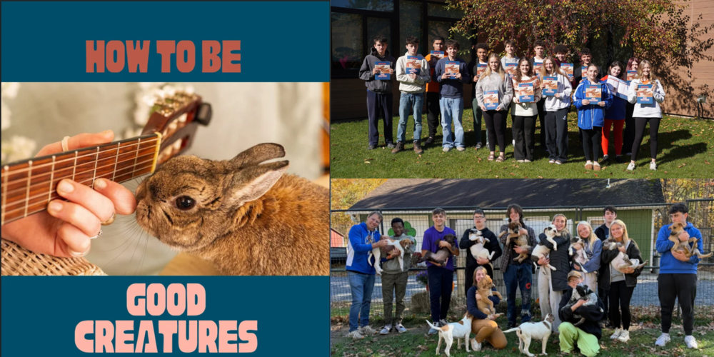 A photo of students holding books, a photo of students holding puppies, and a book cover.