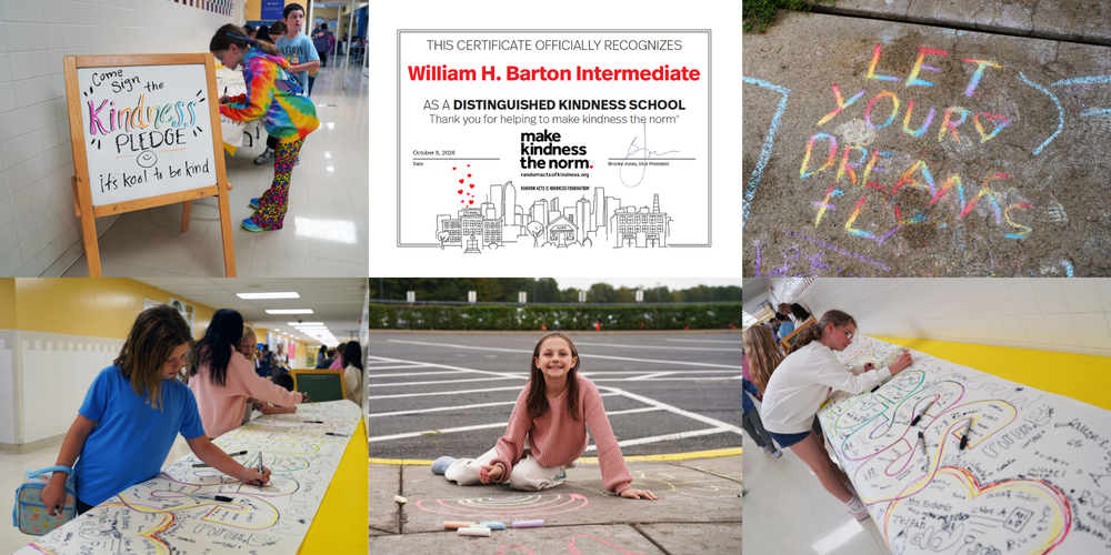Collage of photos of students signing a Kindness Pledge and drawing with chalk.
