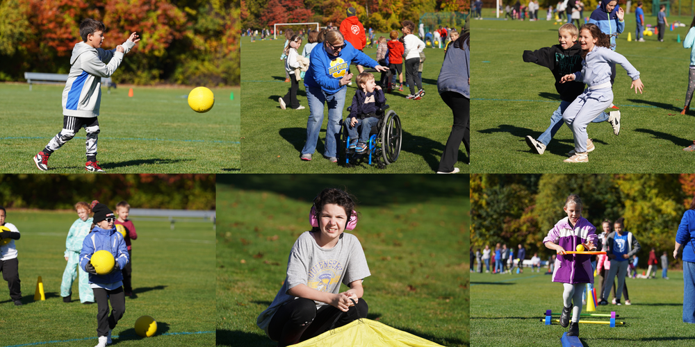 Photo collage of students participating in Special Olympics event.