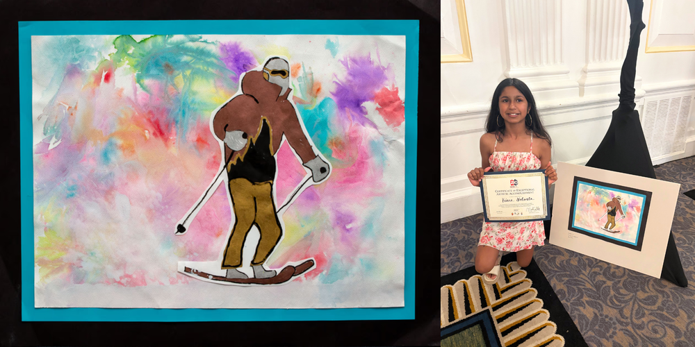 Artwork by Kiara Golwala and a photo of her with her certificate.
