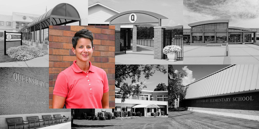 Photo collage of school buildings with a photo of Megan Craft.
