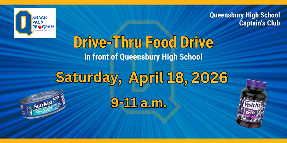 Flyer about Drive-Thru Food Drive from 9-11 a.m. April 18 at Queensbury High School.