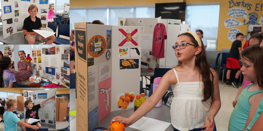 Photo collage of students presenting about U.S. states.