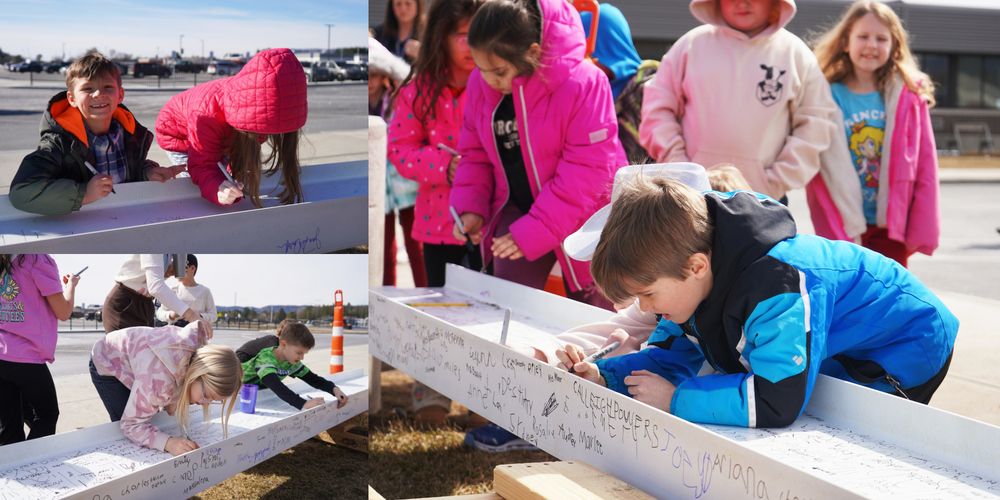 Photo collage of students signing a steel beam.