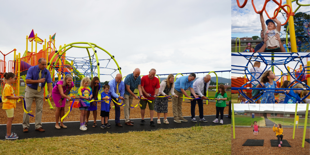 Photo collage of new playgrounds ribbon cutting.