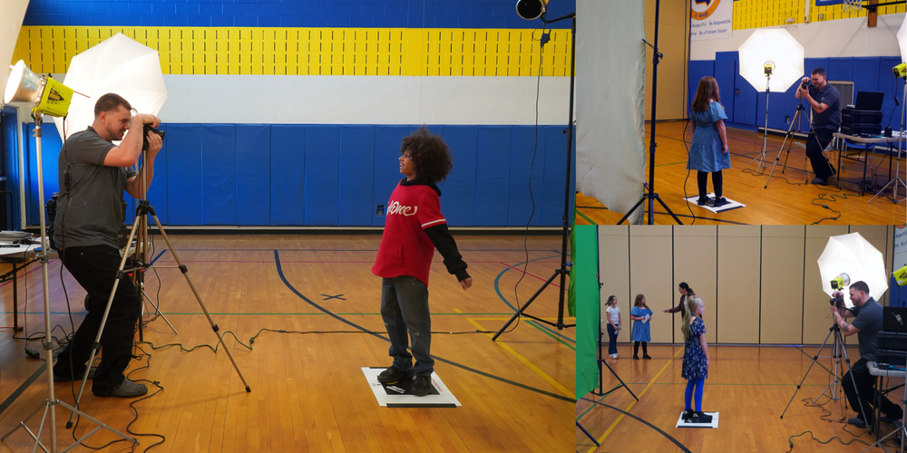 Three photos of kids getting school pictures taken.