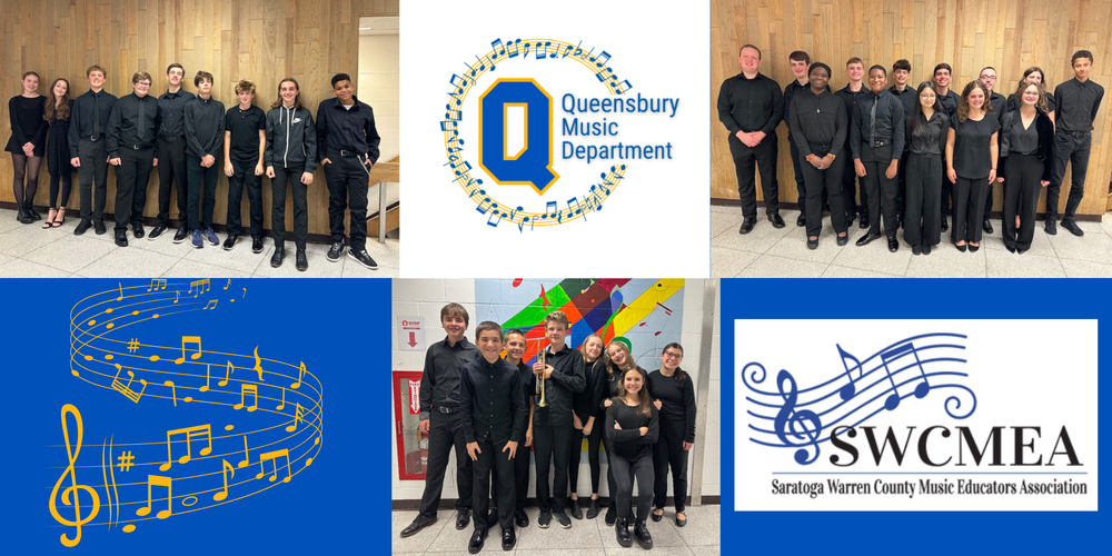 Three photos of student-musicians and some music logos.