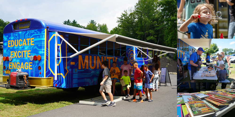 Photo collage of kids enjoying the Q-munity Bus.