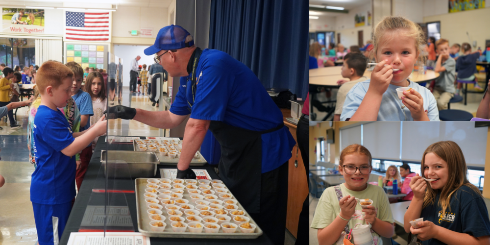 Photo collage of students sampling apple crisp.