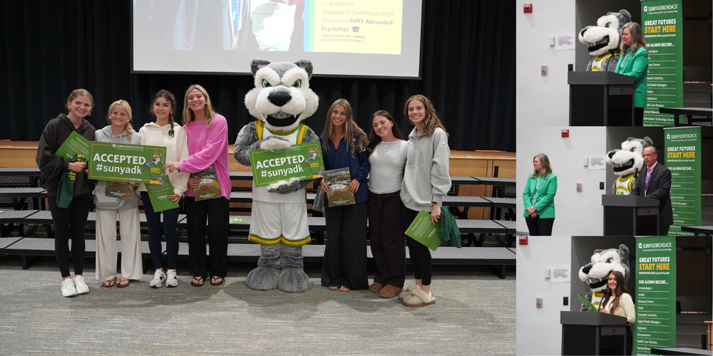 Photo collage of students with SUNY Adirondack mascot and officials from both schools.
