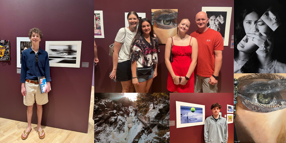 Photo collage of students and artwork.