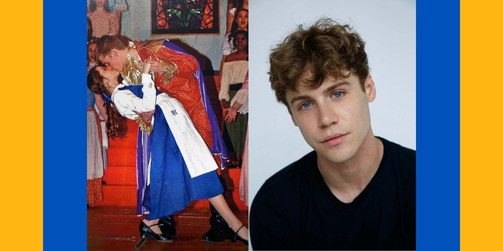 Two photos of Dan Thompson  -- one on stage in high school and a headshot of him now.