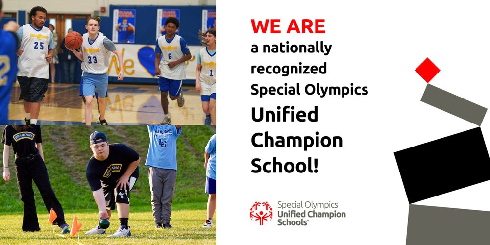 Two photos of unified sports teams and a Special Olympics banner.