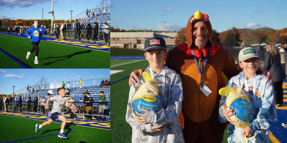 Three photos of students running and winning the Turkey Trot.