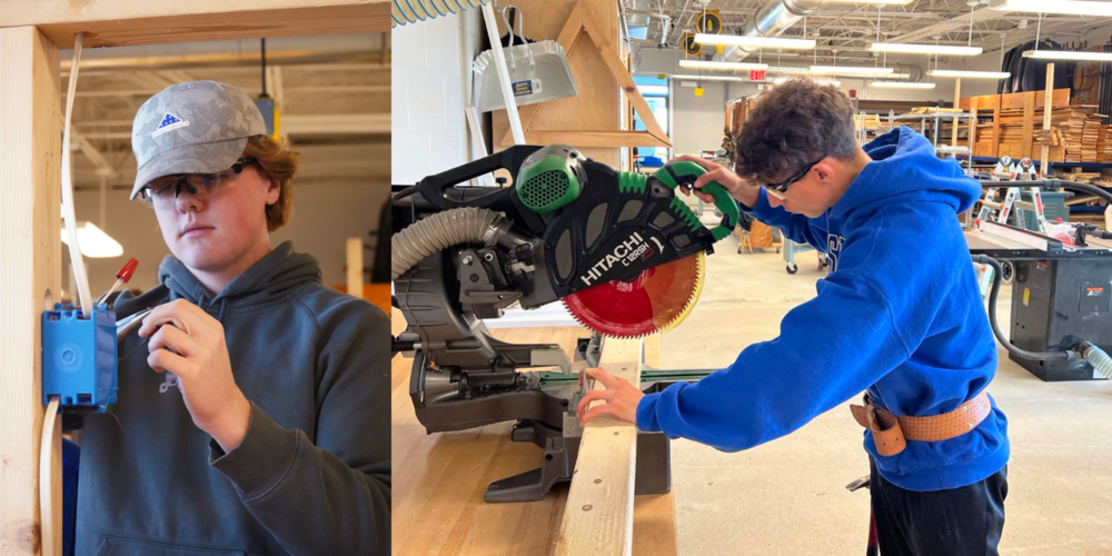 Photo collage of students doing electrical work and woodworking.