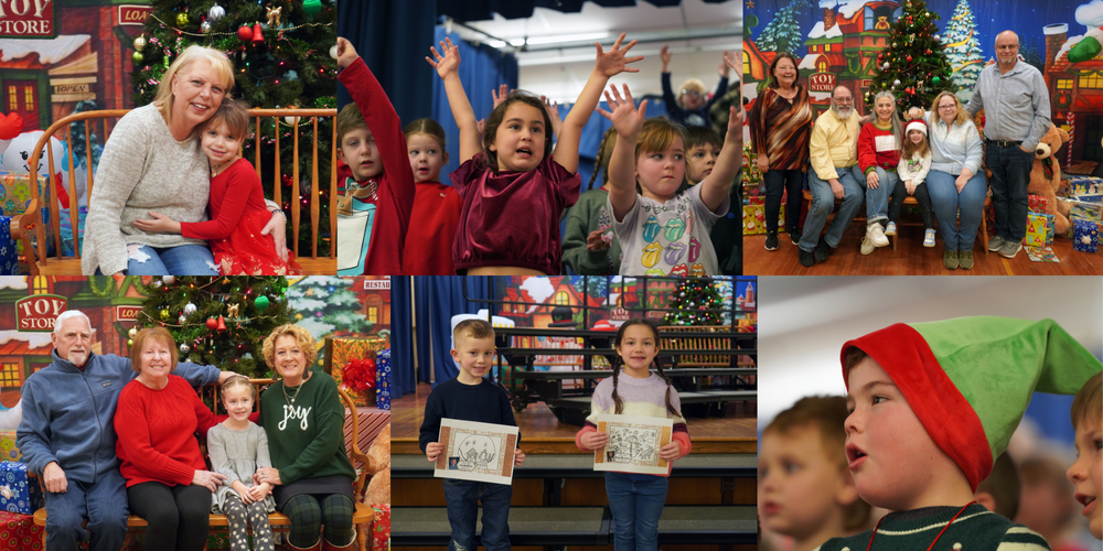 Photo collage of kindergarten Grandparents Breakfast.
