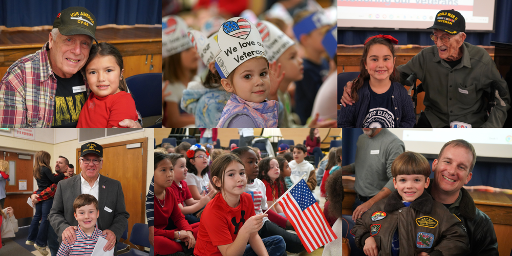 Photo collage of a Veterans Day ceremony at QES.