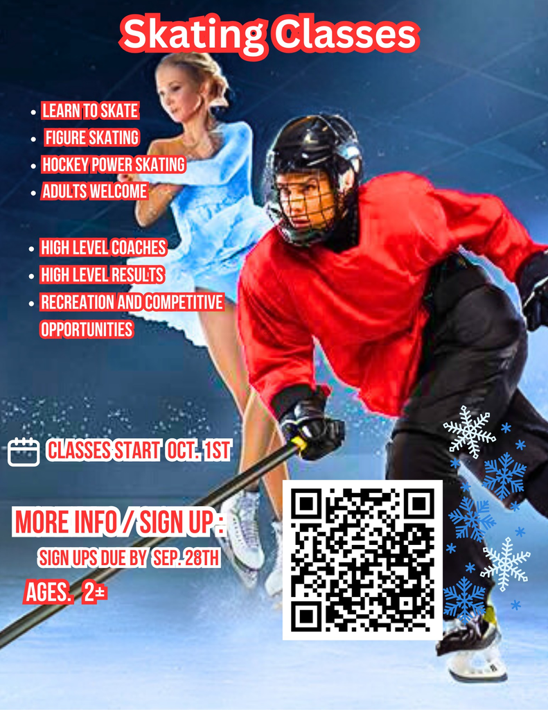 Flyer containing information and a QR code about ice skating classes.
