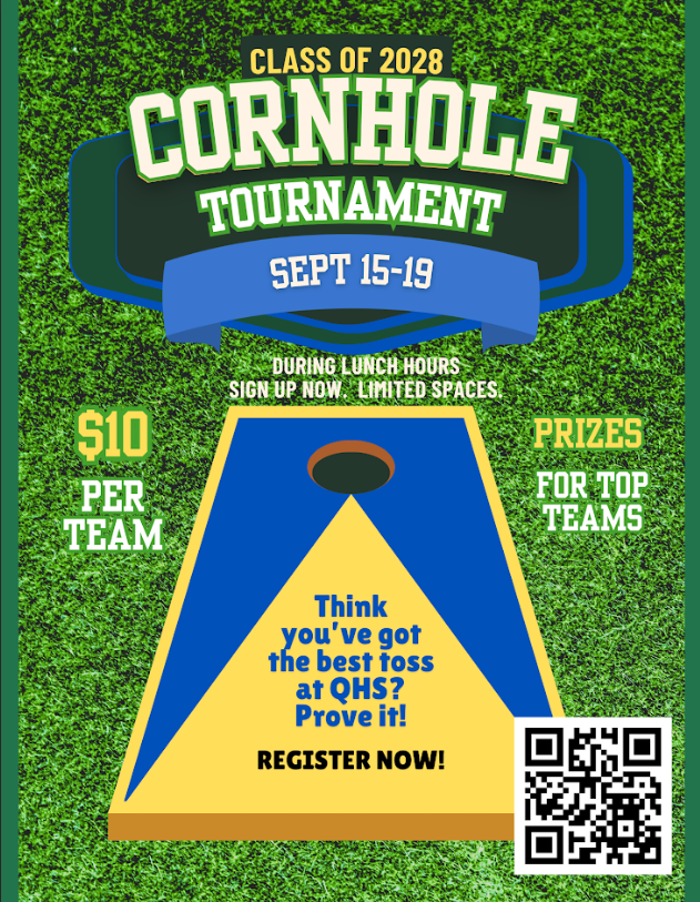 Flyer about the Class of 2028 cornhole tournament with QR code.