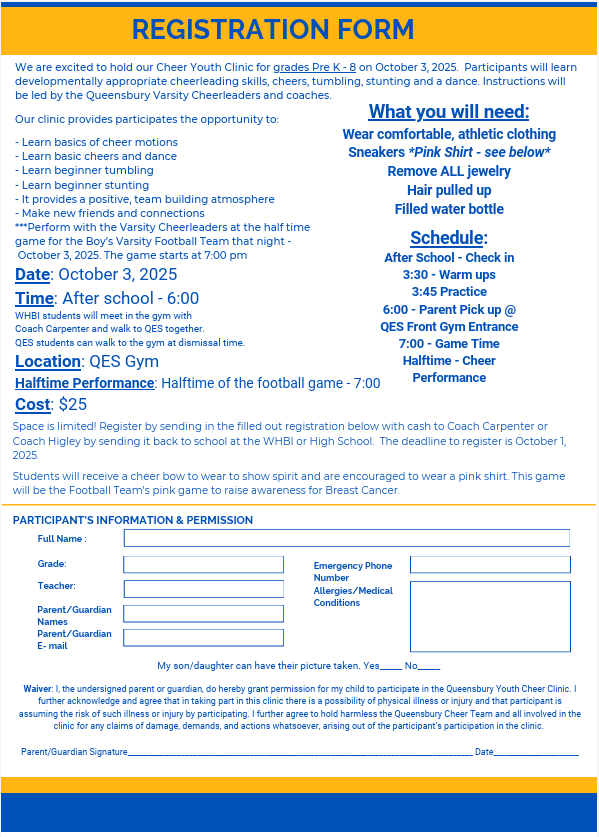 Cheer Clinic registration form.