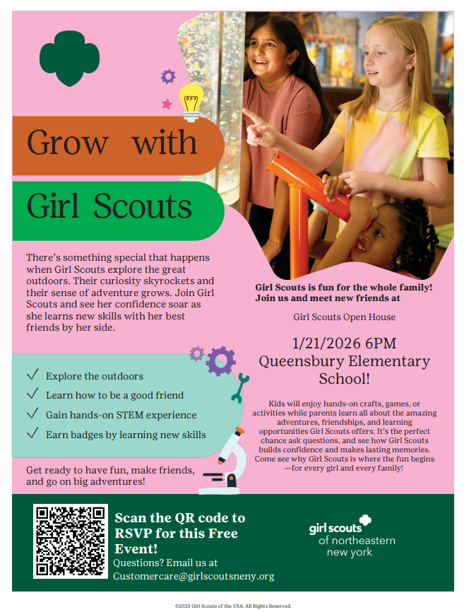 Flyer about a Girl Scouts Open House at 6 p.m. on Jan. 21 at Queensbury Elementary School.