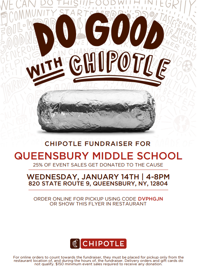 Flyer about a Queensbury Middle School fundraiser from 4 to 8 p.m. on Wednesday, Jan. 14, 2026 at Chipotle in Queensbury.