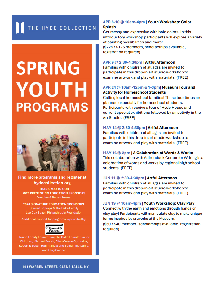 Flyer offering information about programming at The Hyde Collection for winter and spring. 