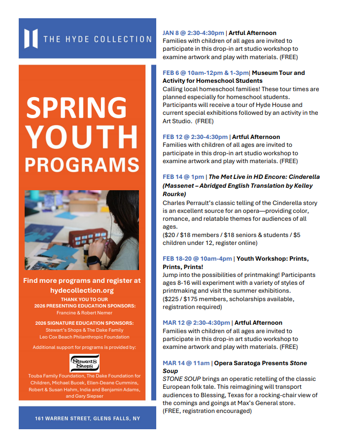 Flyer offering information about programming at The Hyde Collection for winter and spring. 