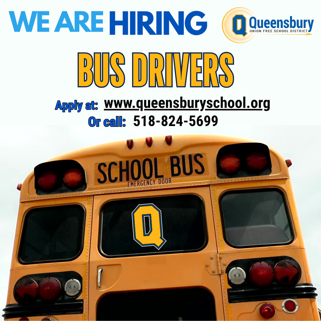 Flyer about Queensbury Union Free School District hiring bus drivers.