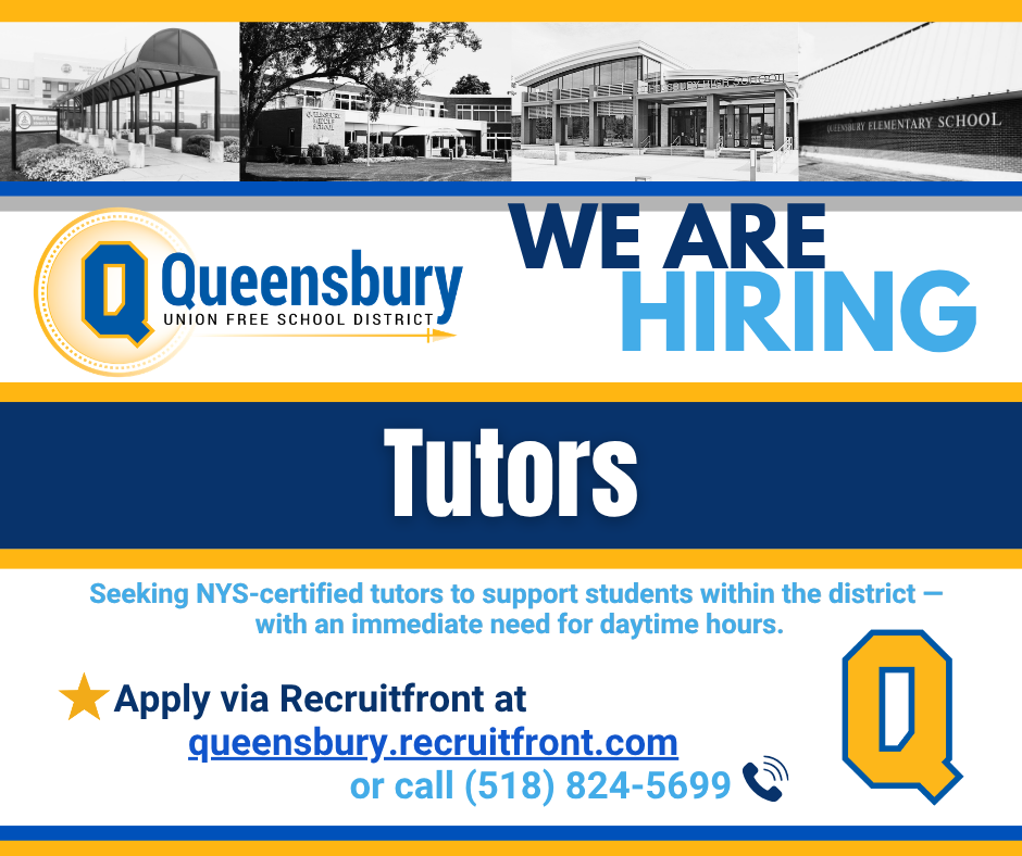 Flyer for Tutors wanted for hiring at Queensbury UFSD.