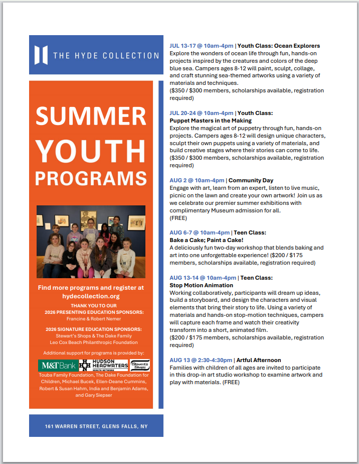 A flyer about Summer Youth Programs at The Hyde Collection.