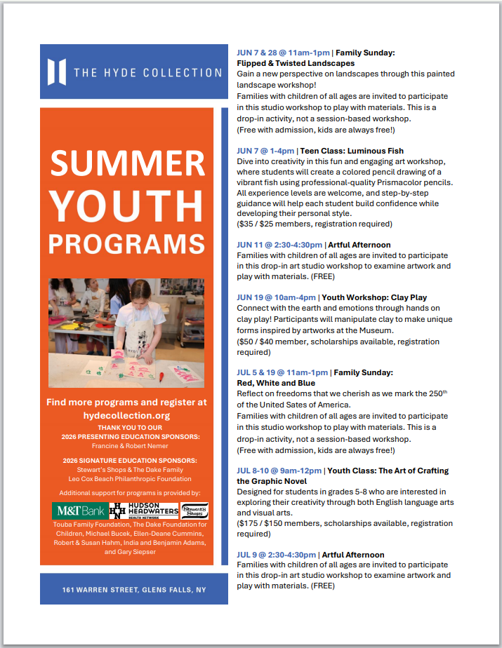 A flyer about Summer Youth Programs at The Hyde Collection.