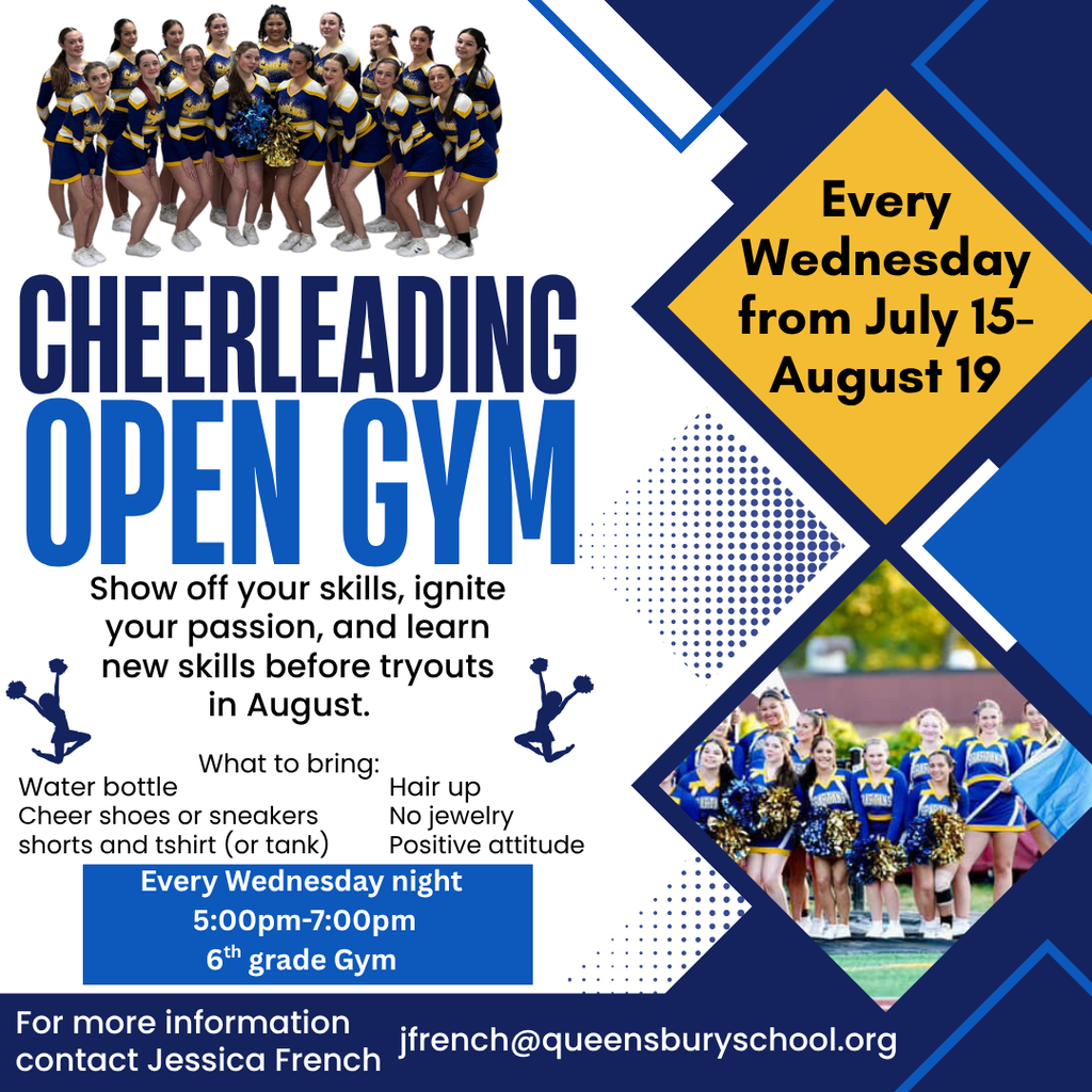 Flyer about Cheerleading Open Gym, from 5 to 7 p.m. every Wednesday night from July 15-Aug. 19 in the sixth grade gym.