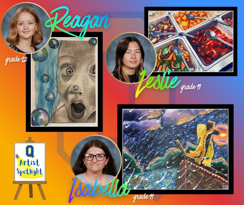 Graphic featuring artwork by three students as well as their photos and first names.